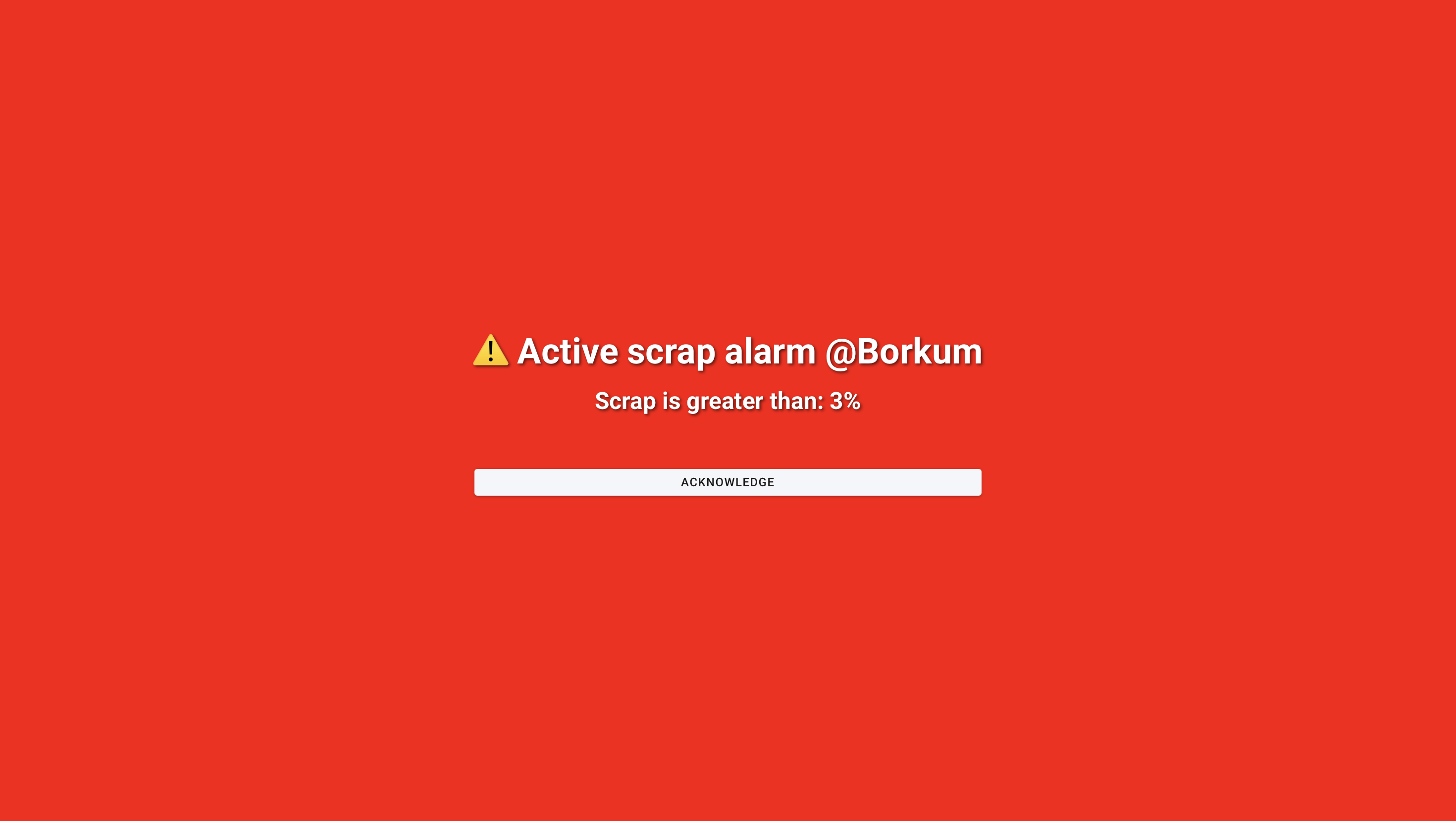 Full-screen alarm notification with acknowledge action