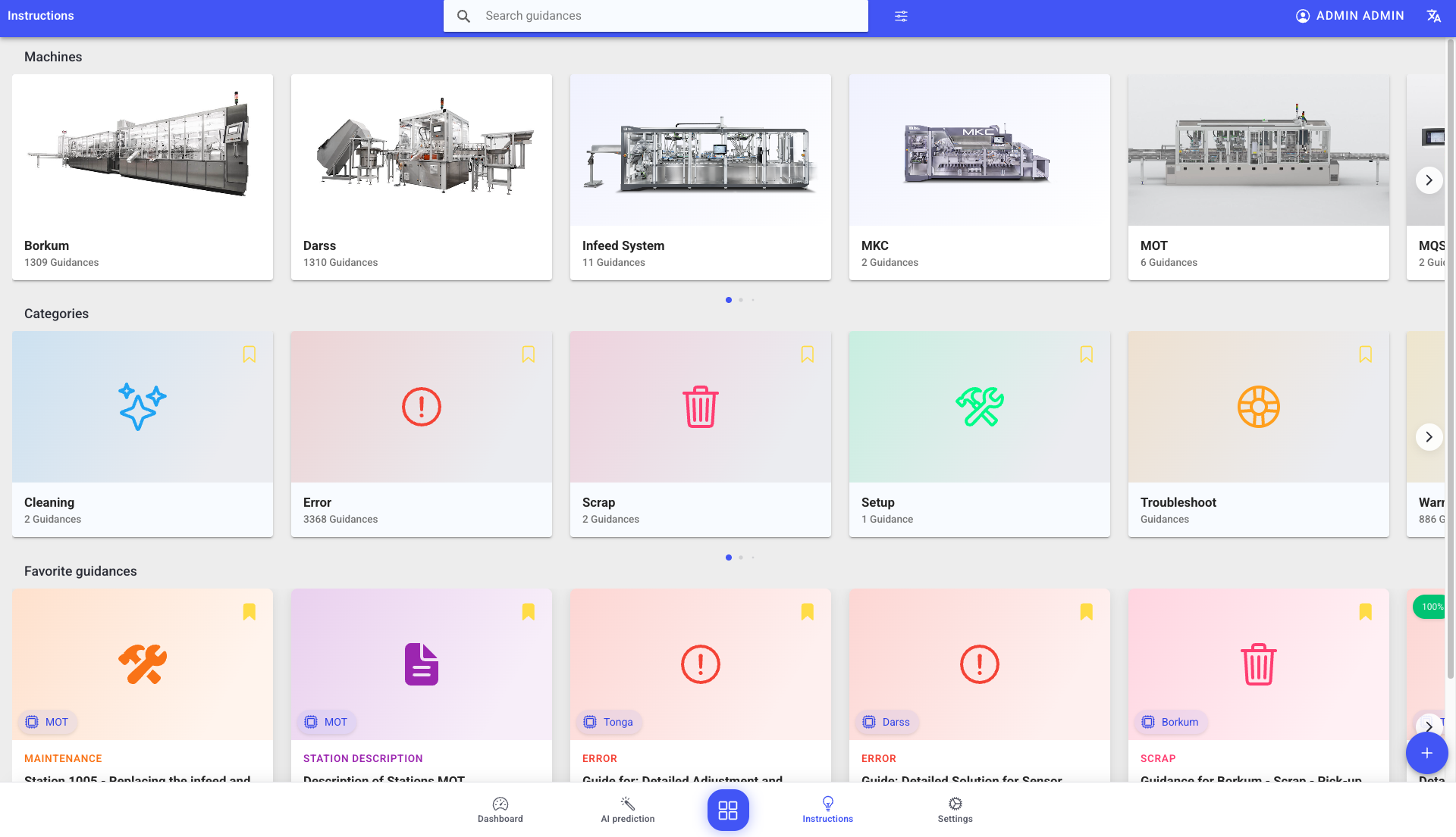 Instructions browser showing Machines, Categories, and Favorite guidances sections