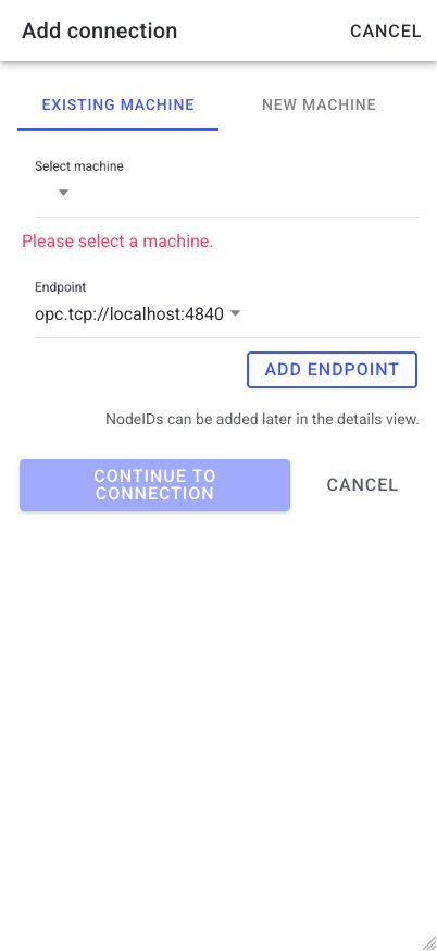 Add connection wizard — existing machine