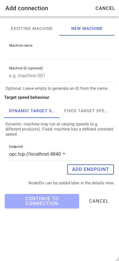 Add connection wizard — new machine