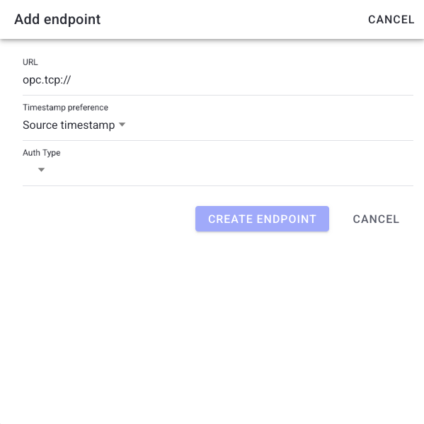 Endpoint form with URL, Security mode, Security policy, Timestamp preference