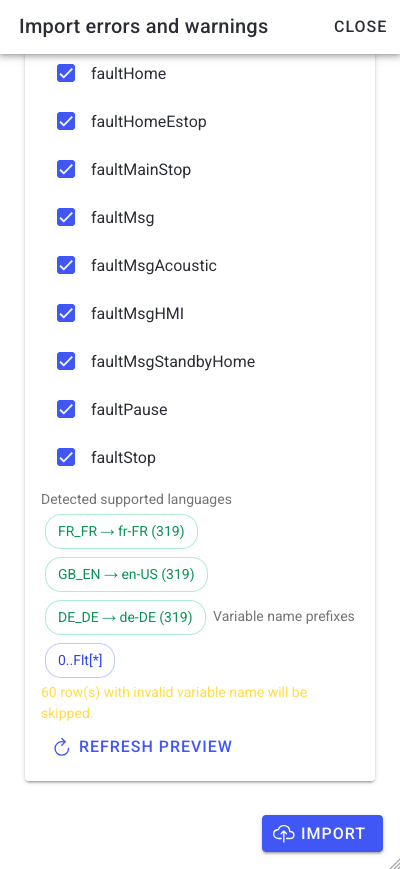 Import error definitions — step 2