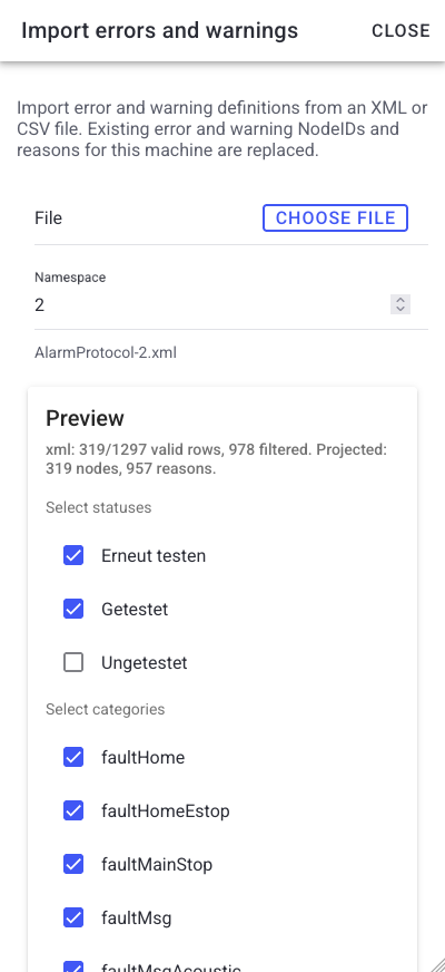 Import error definitions — step 1