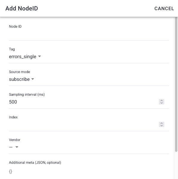 Create/edit node modal with Node ID, tag, source mode, intervals, index, multiplier