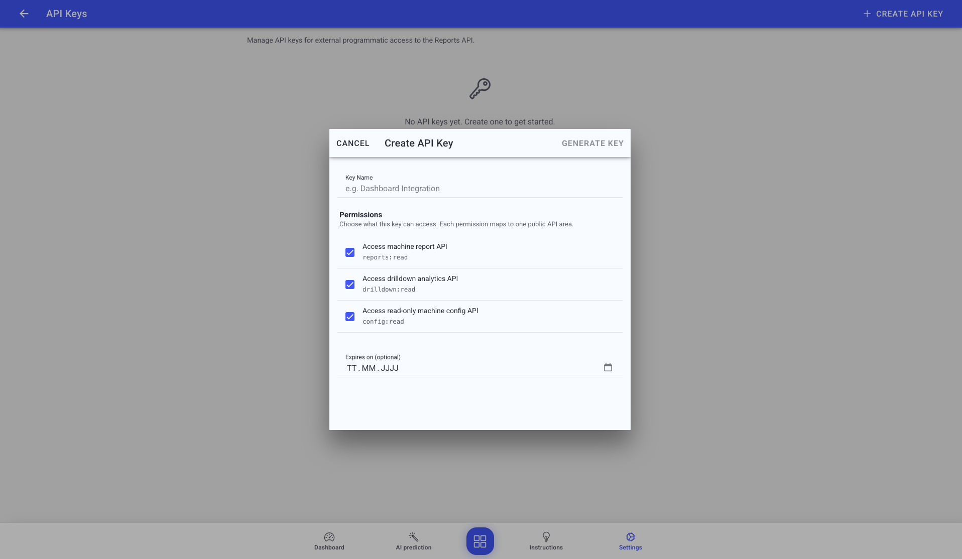 Create API Key dialog with name field, three permission checkboxes, and optional expiry date