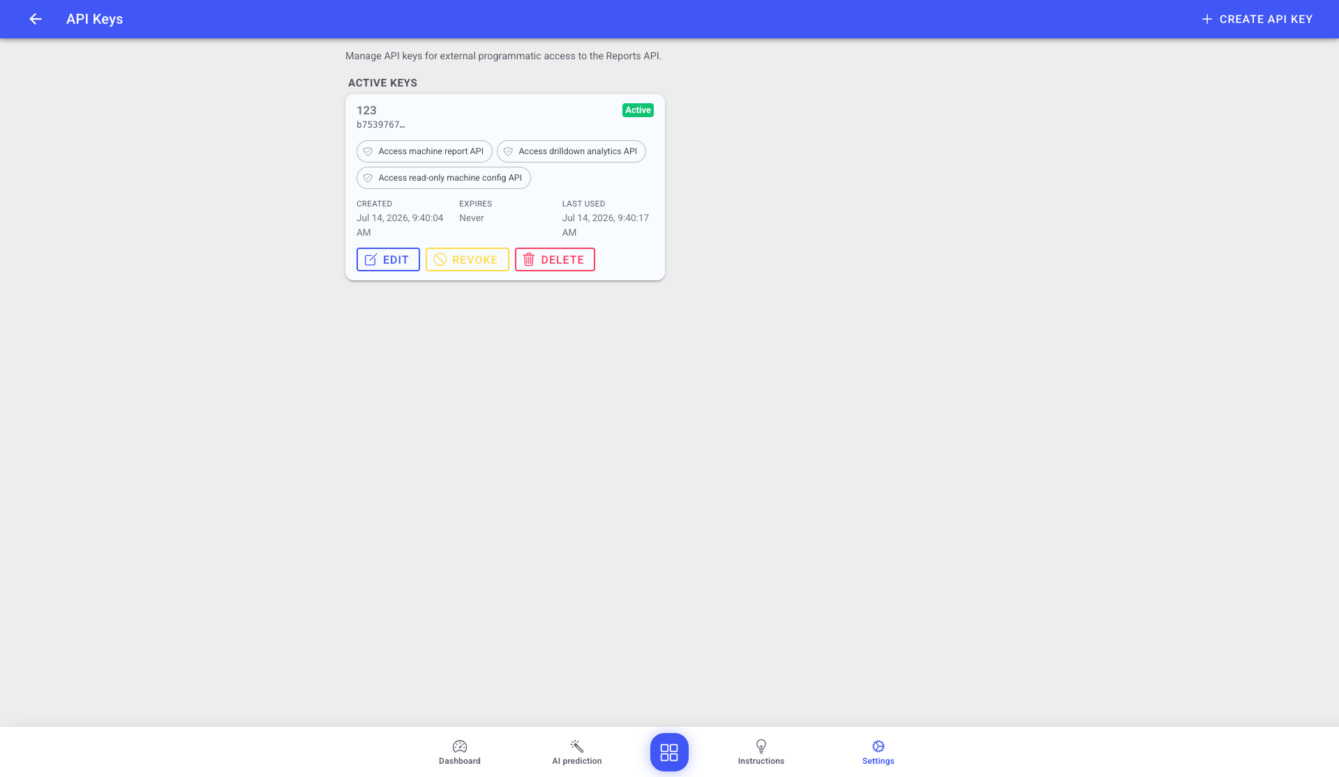 API Keys page showing an active key card with permission chips and Edit, Revoke, and Delete buttons