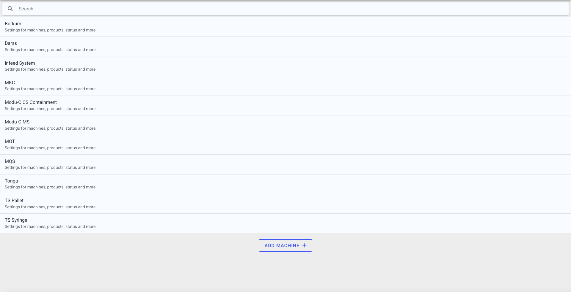 Machine list in Settings