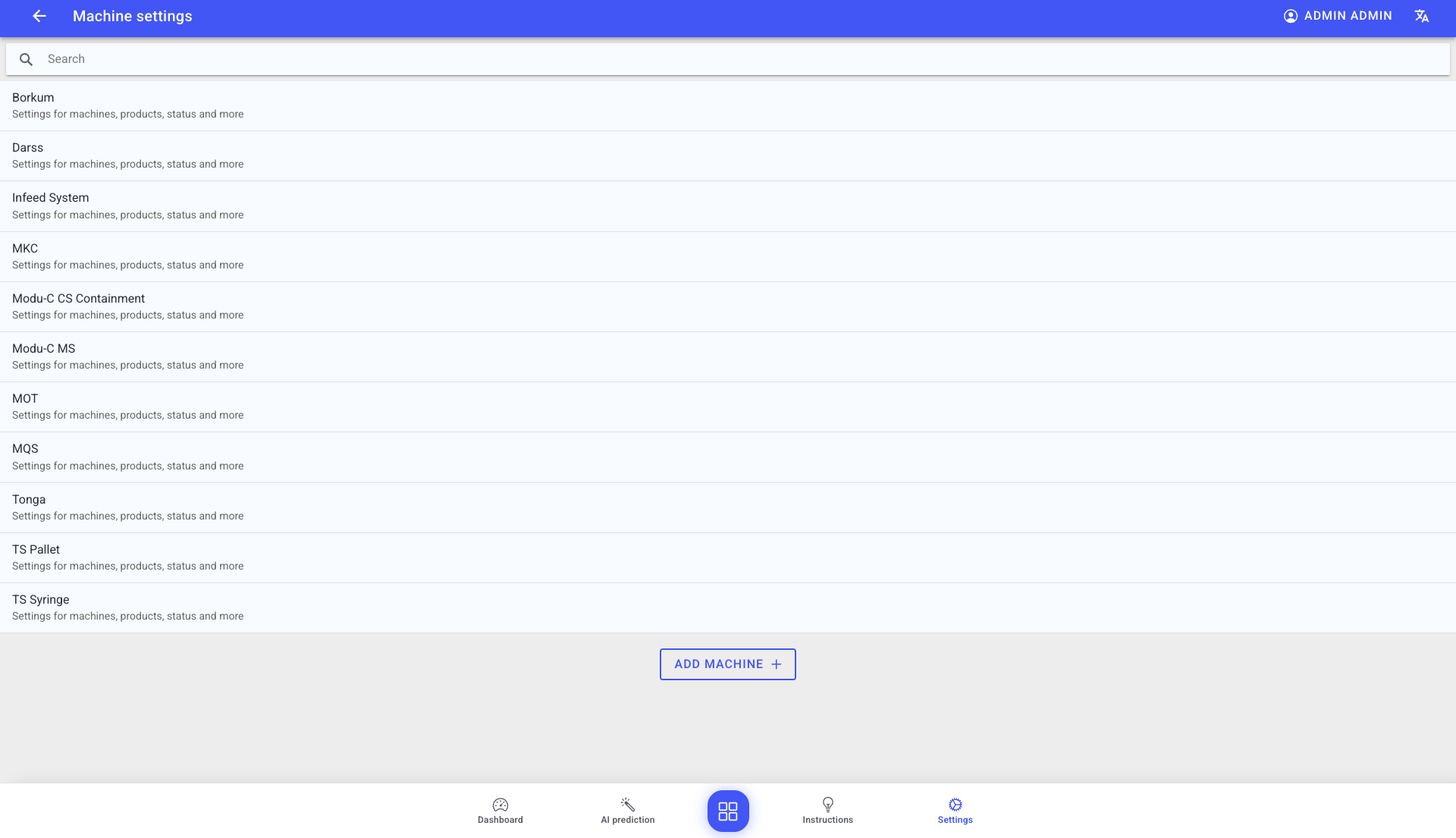 Machines settings list