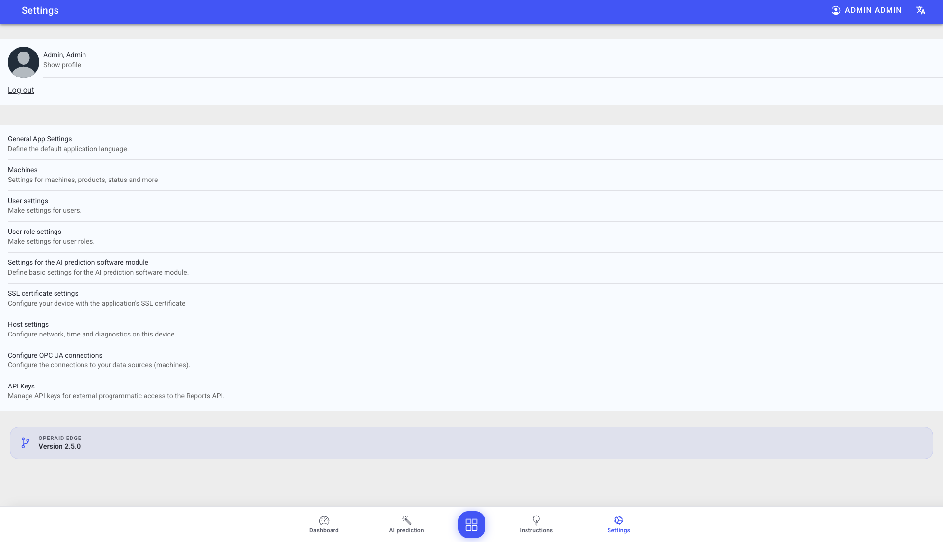 Settings overview showing all settings areas and the app version at the bottom