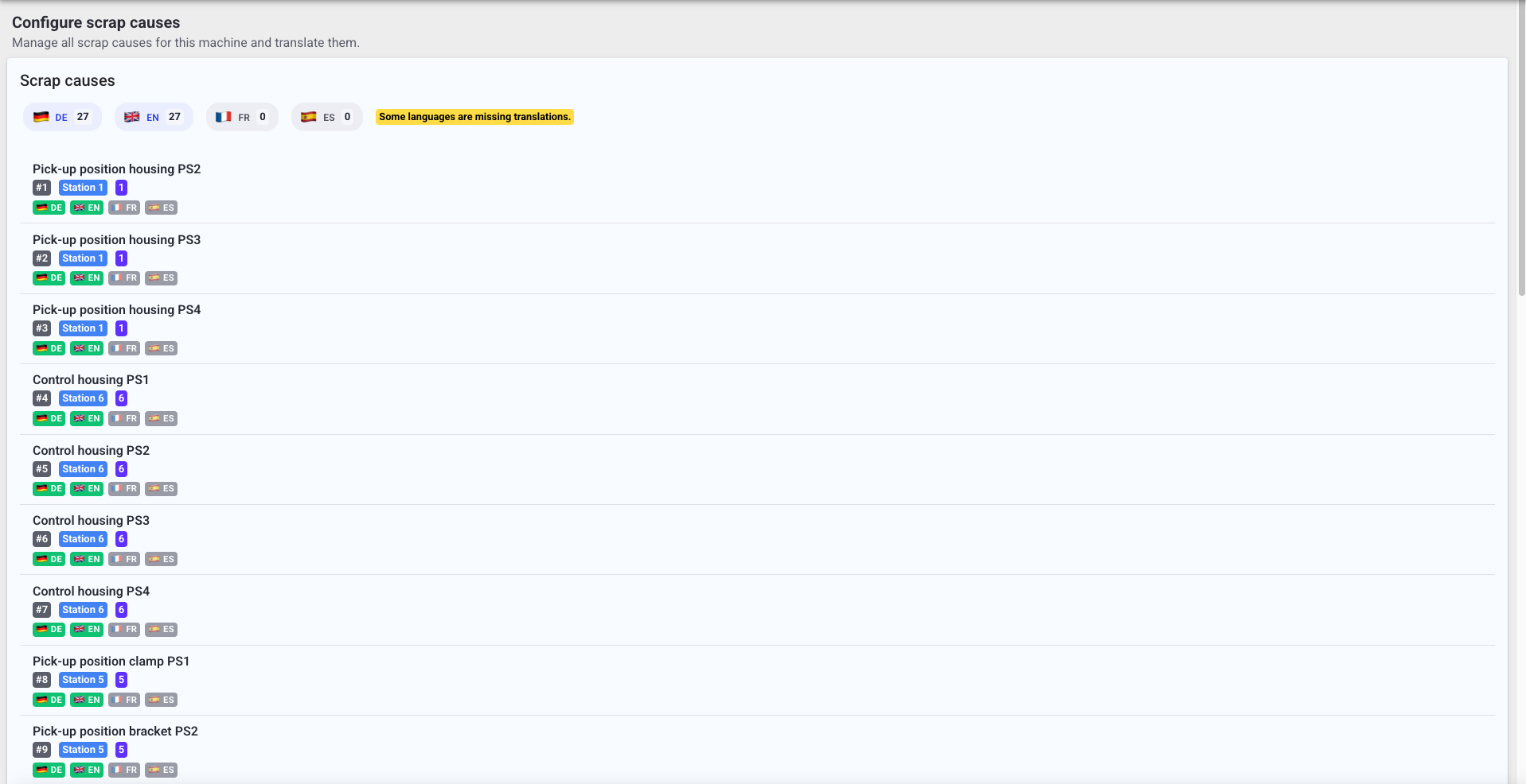 Scrap causes configuration