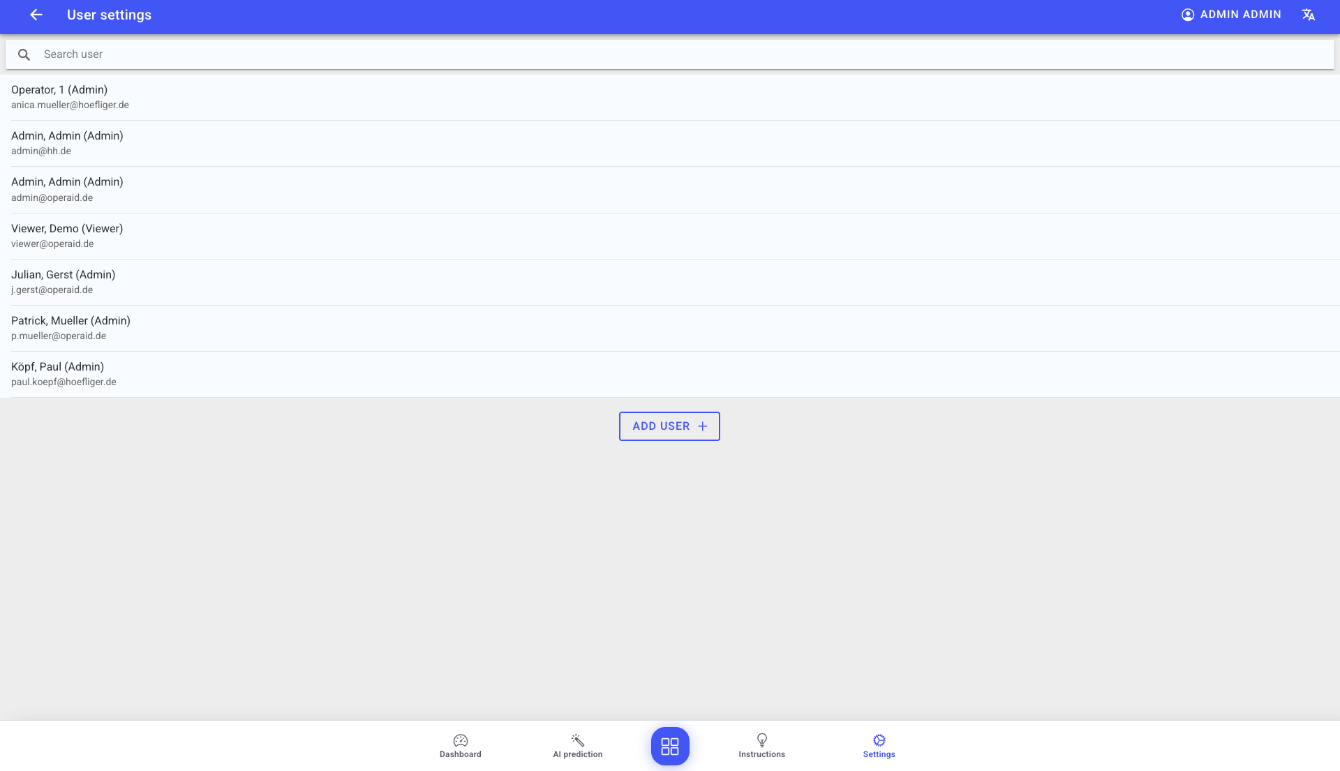 User settings list