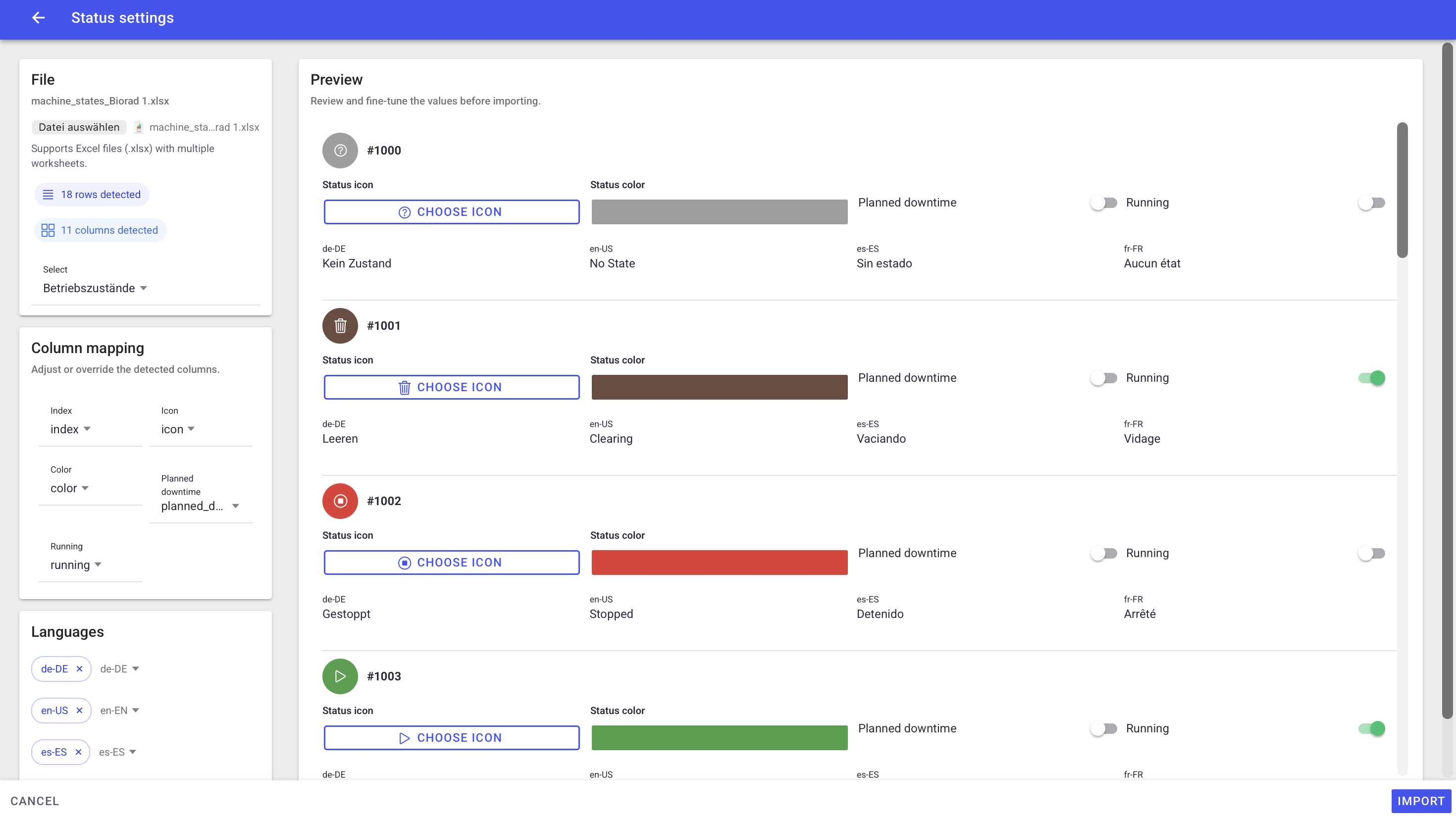 Status settings import preview showing column mapping and language mapping