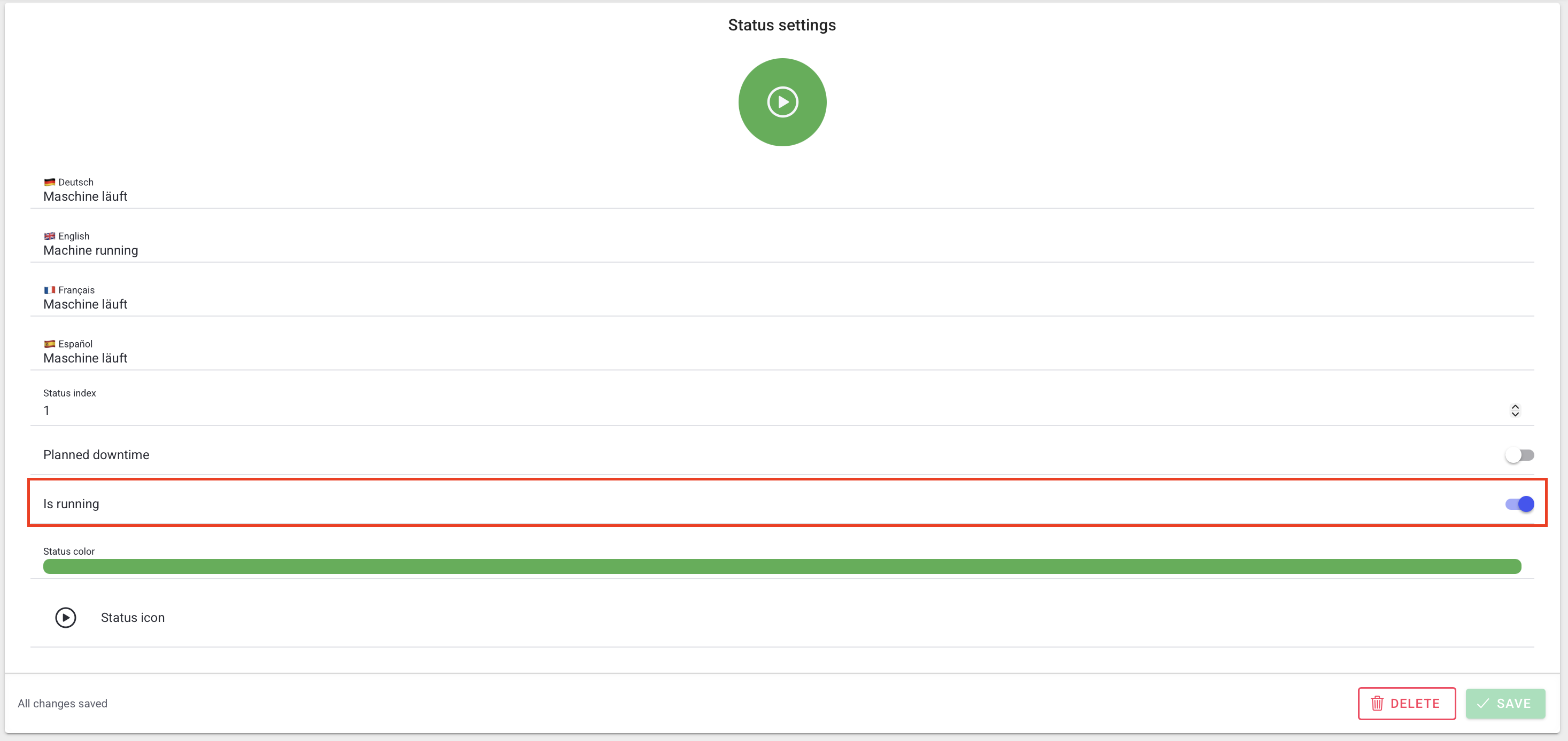 Status settings showing the Running toggle
